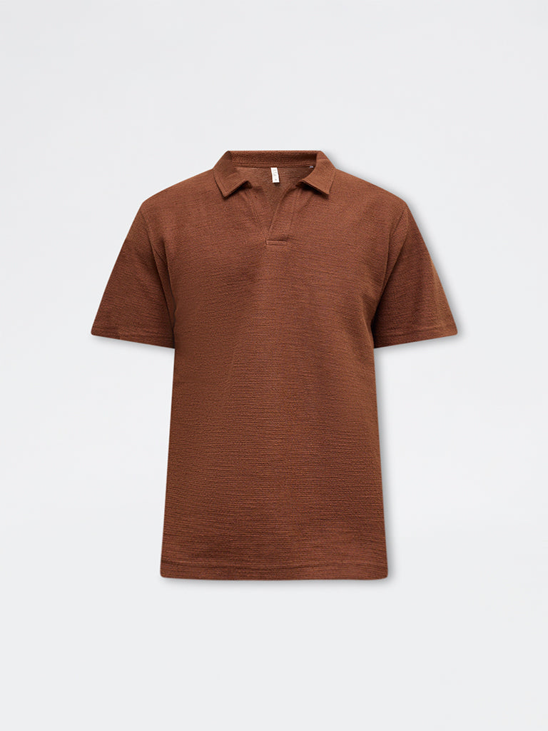 ETA Brown Self-Textured Relaxed-Fit Cotton-Blend Polo T-Shirt
