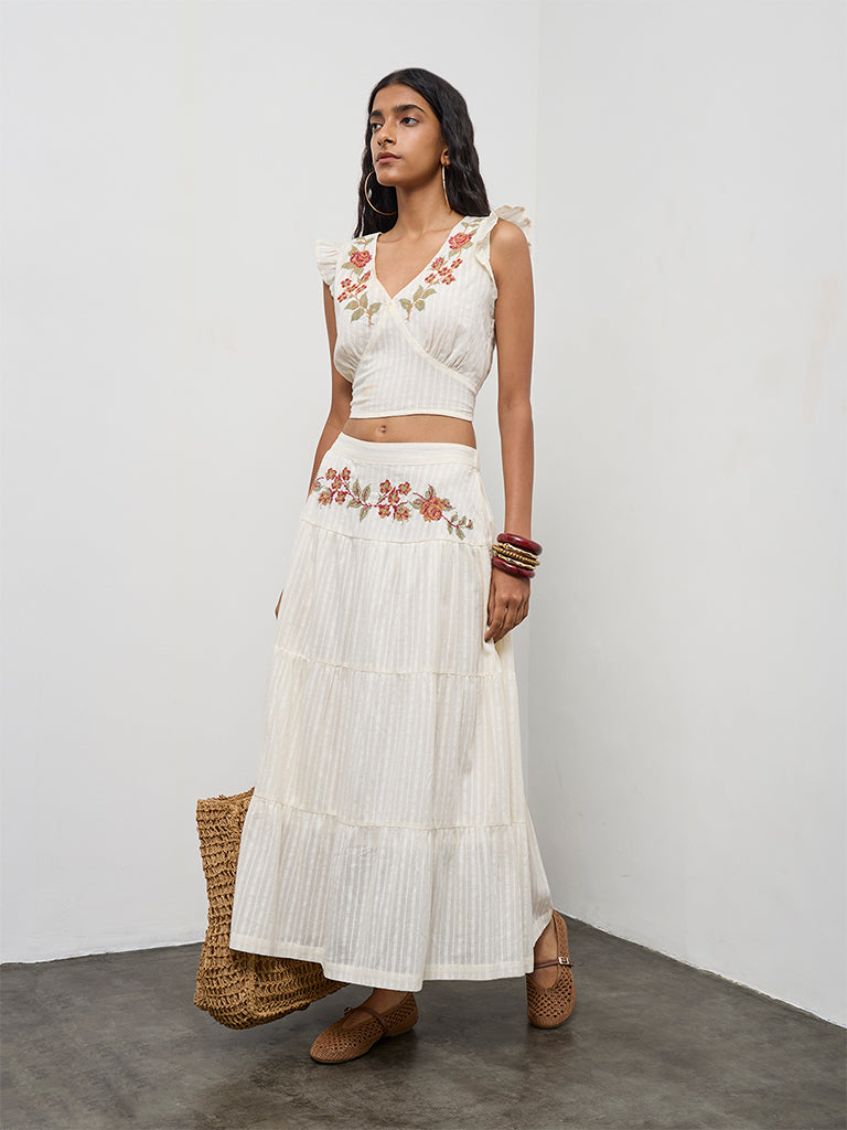 Buy Bombay Paisley Off-White Embroidered Cotton Tiered Skirt from
