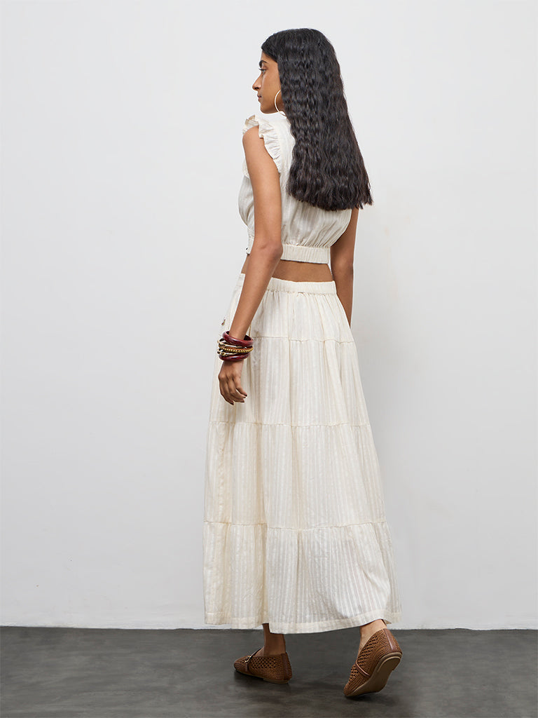 Bombay Paisley Off-White Embroidered Cotton Tiered Skirt
