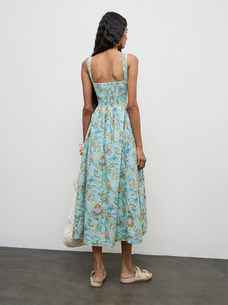 Bombay Paisley Blue Floral Printed Cotton A-Line Dress