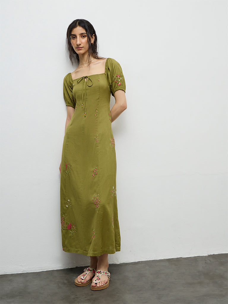Buy Bombay Paisley Olive Embroidered Cotton-Blend A-Line Dress from Westside