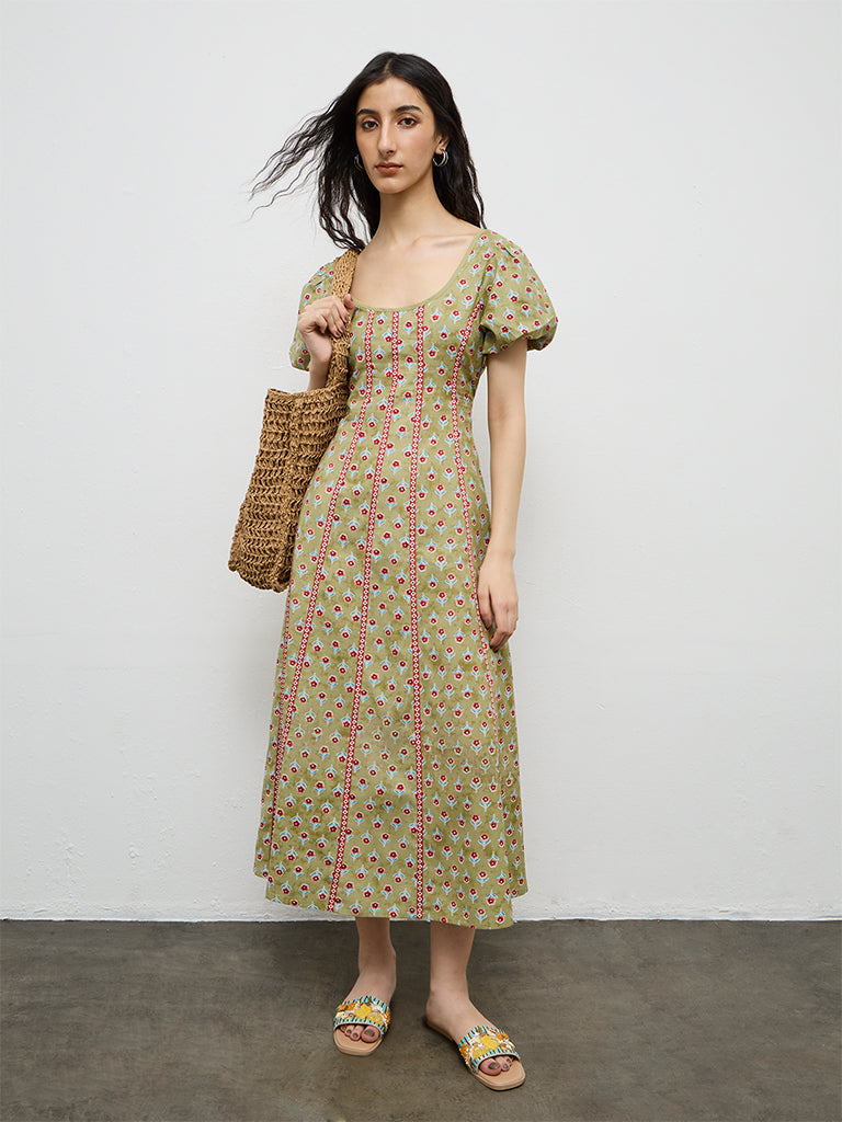 Buy Bombay Paisley Green Printed A-Line Cotton-Blend Dress from Westside