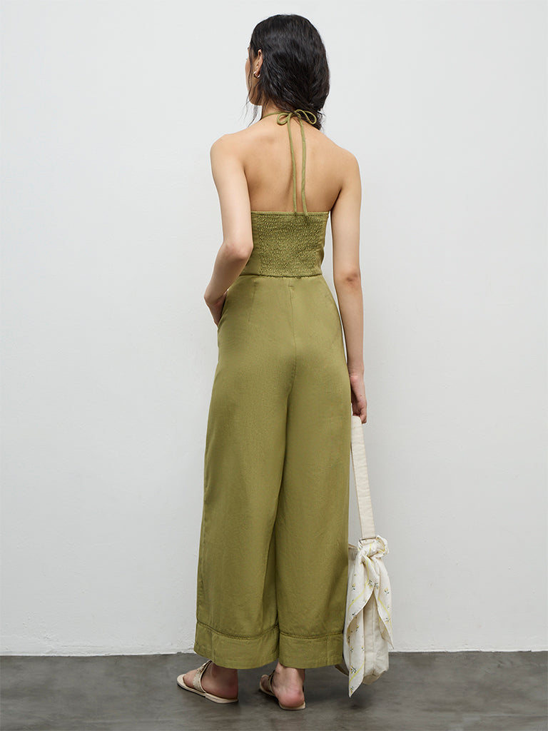 Bombay Paisley Green Embroidered Cotton-Blend Jumpsuit