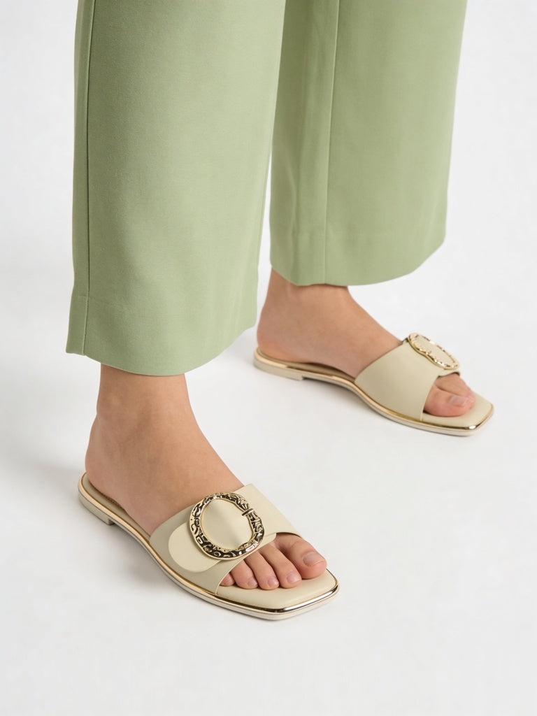 LUNA BLU Beige Buckle-Detailed Slides