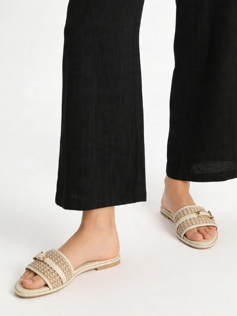 LUNA BLU Light Beige Raffia Textured Slides