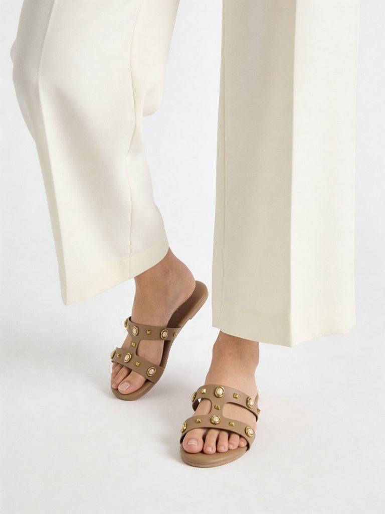 LUNA BLU Brown Embellished Slides