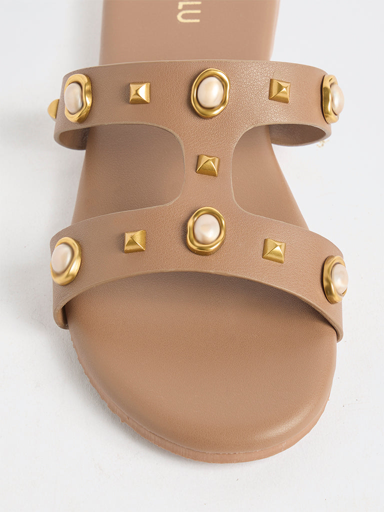 LUNA BLU Brown Embellished Slides