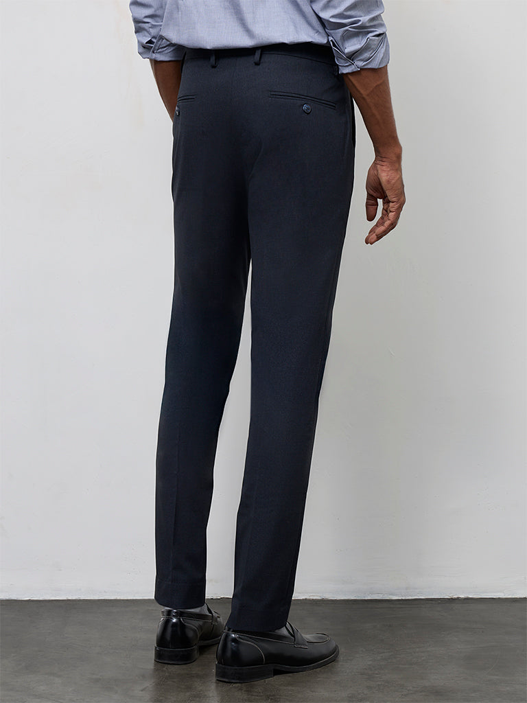 WES Formals Navy Ultra Slim-Fit Mid-Rise Trousers