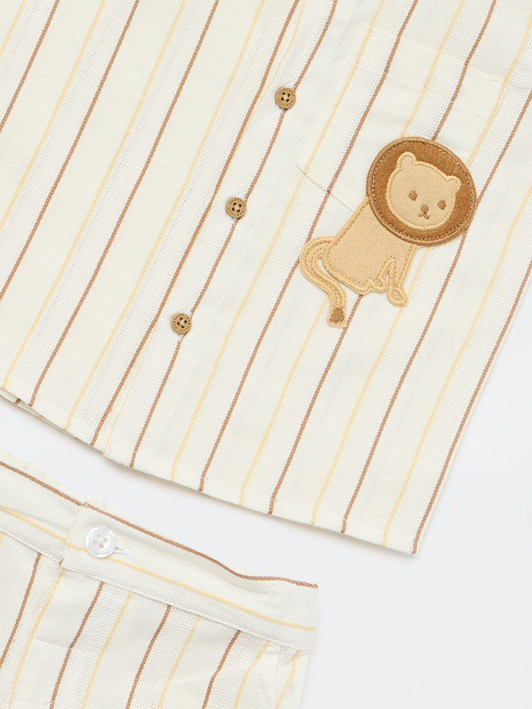 HOP Baby Boys White Striped Cotton Shirt and Shorts Set