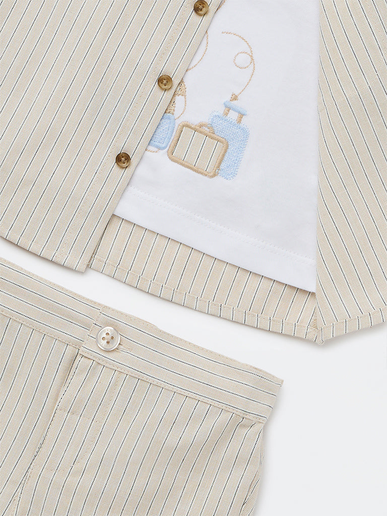 HOP Baby Boys Light Taupe Cotton Shirt with Shorts Set