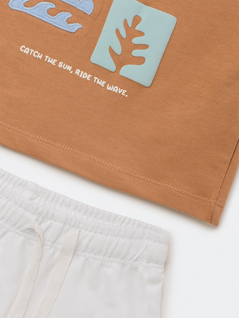 HOP Baby Boys Brown Graphic Cotton T-Shirt and Shorts Set
