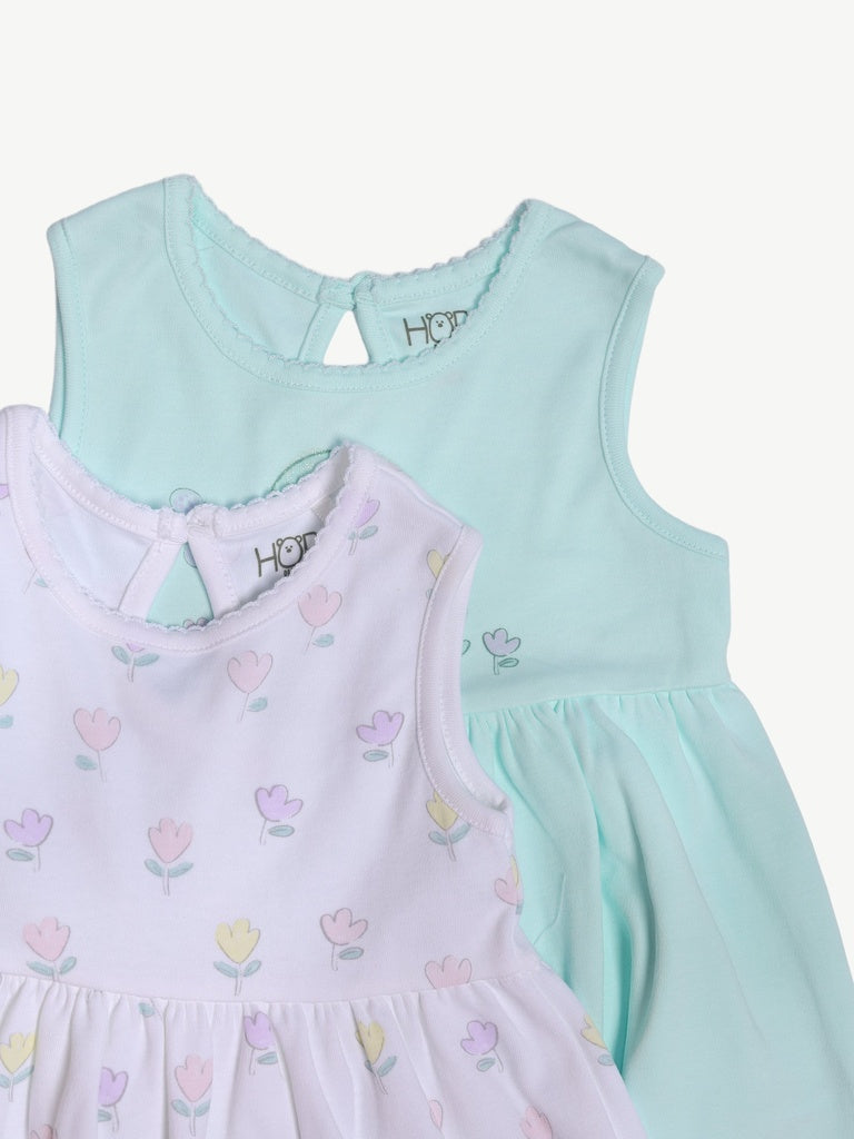 HOP Baby Girls Multicolour Printed A-Line Cotton Dress - Pack of 2