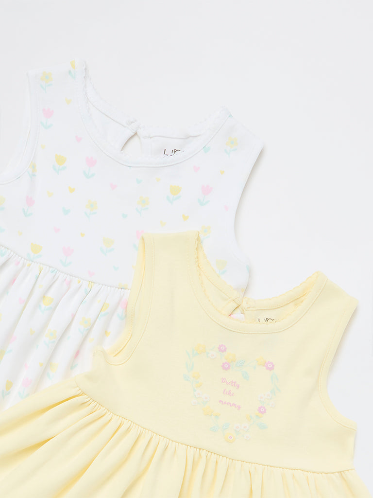 HOP Baby Girls Multicolour Floral A-Line Cotton Dress - Pack of 2