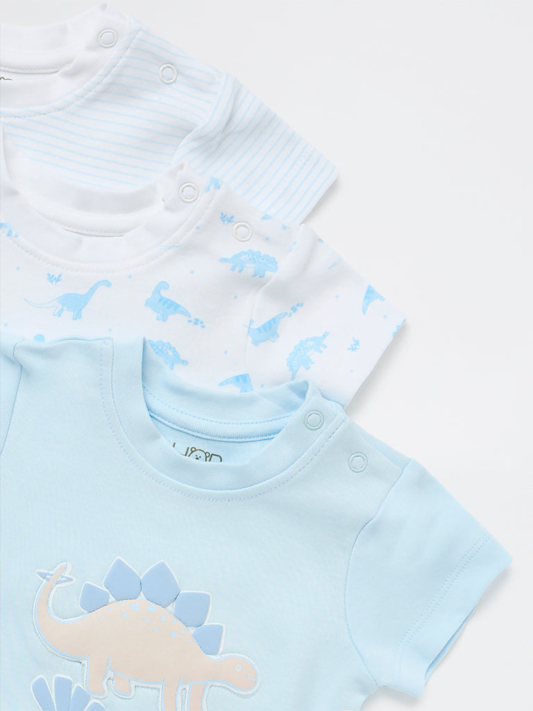 HOP Baby Boys Blue Printed Cotton Rompers (Pack of 3)