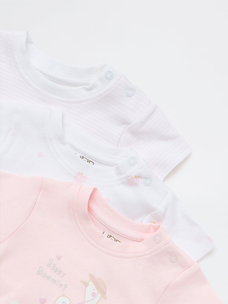 HOP Baby Girls Pink Printed Cotton T-Shirts (Pack of 3)