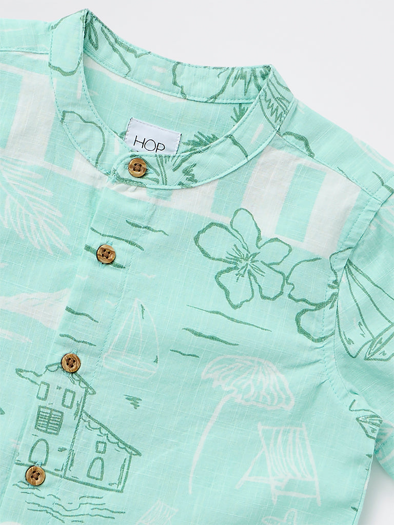 HOP Kids Boys Sea Green Printed Cotton Shirt