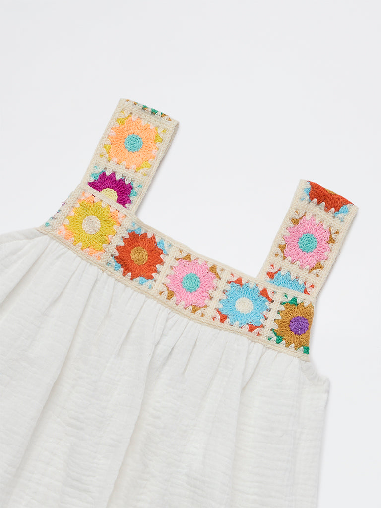 HOP Kids Girls White Floral Embroidered Cotton Top