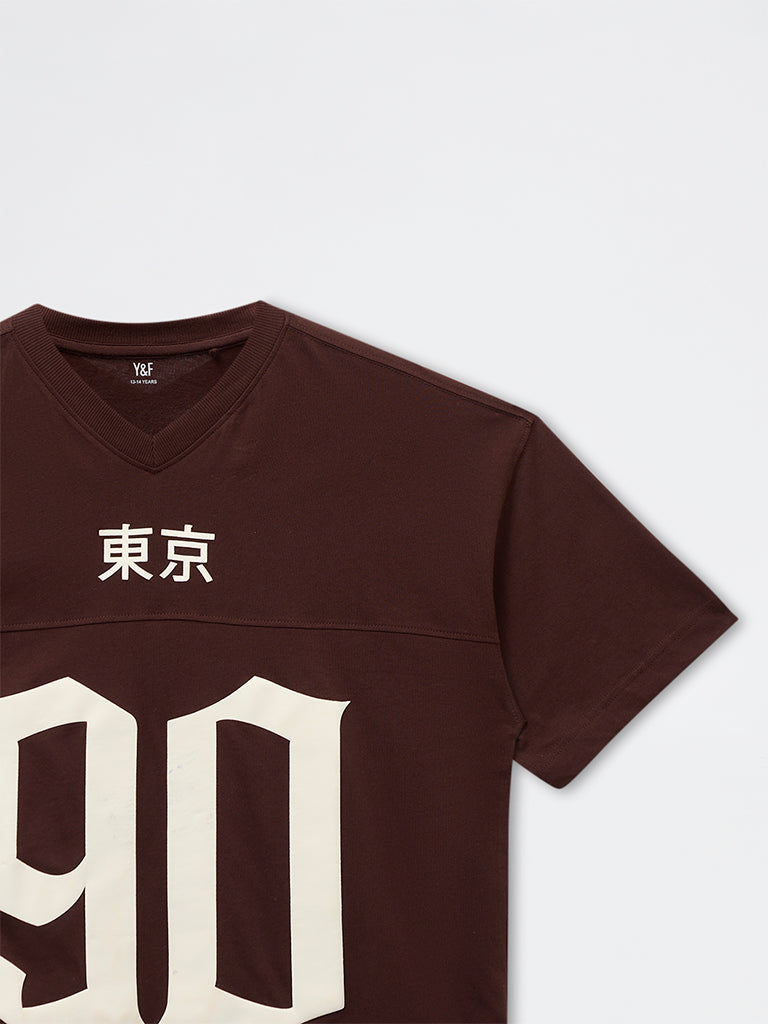 Boys Brown Numerical Printed Cotton T-Shirt