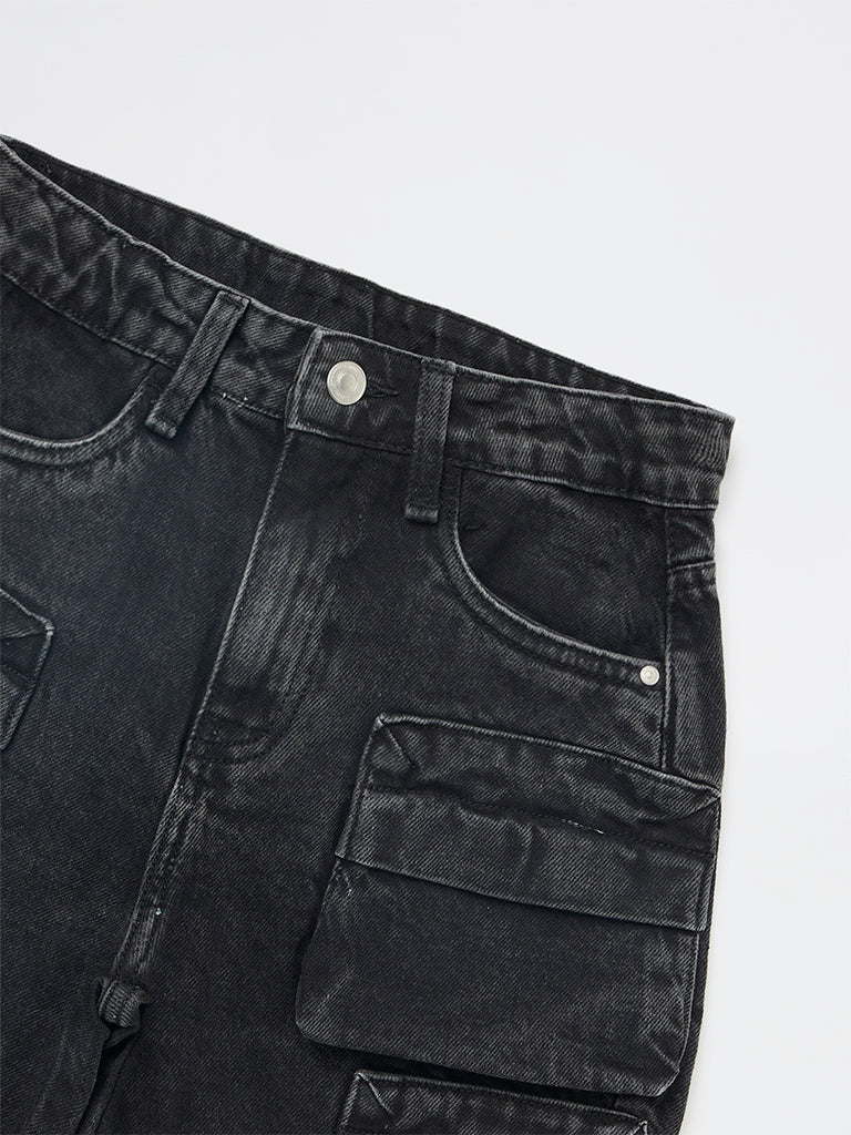 Boys Black Mid-Rise Denim Cargo Shorts