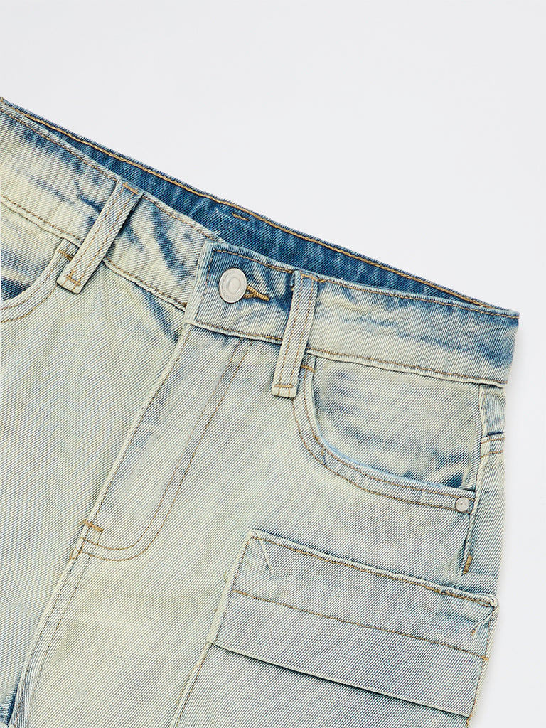 Boys Blue Washed Mid-Rise Denim Cargo Shorts