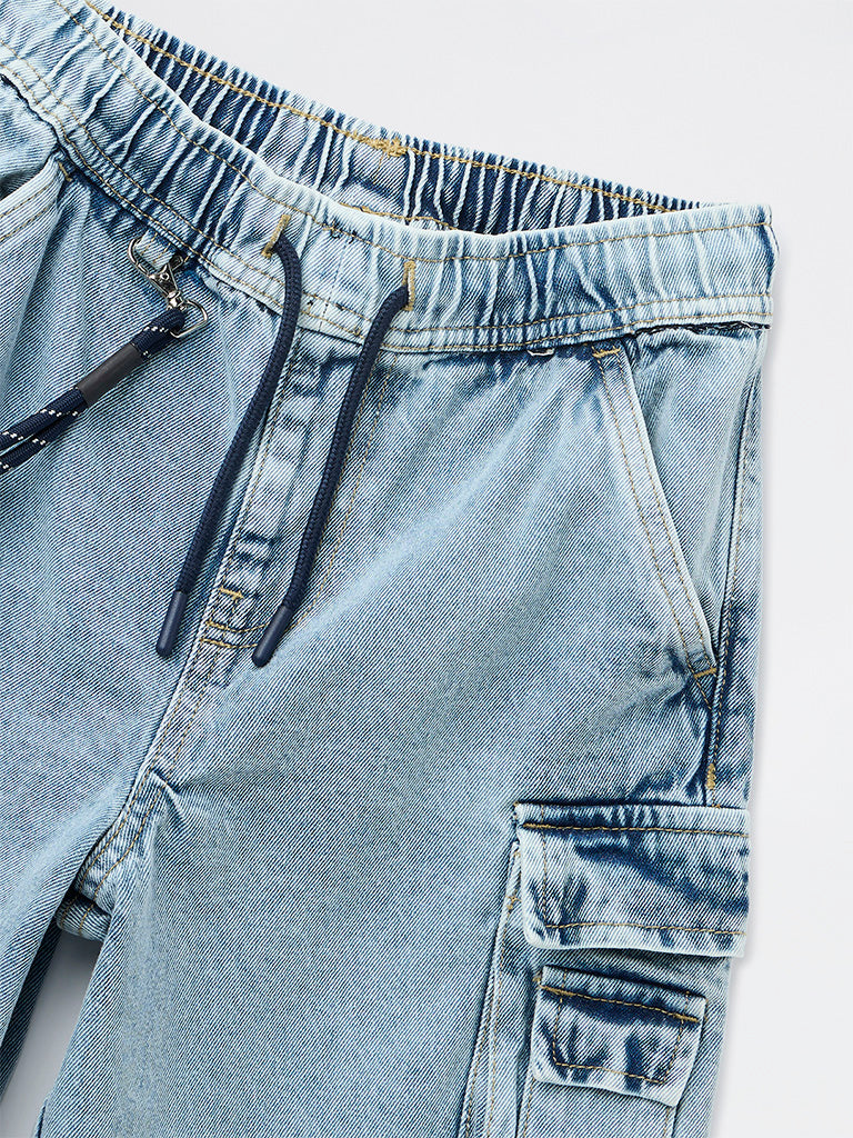 Boys Light Blue Mid-Rise Cotton Cargo Shorts