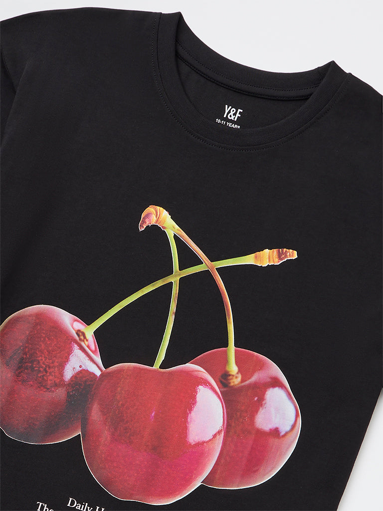 Girls Black Graphic Printed Cotton T-Shirt
