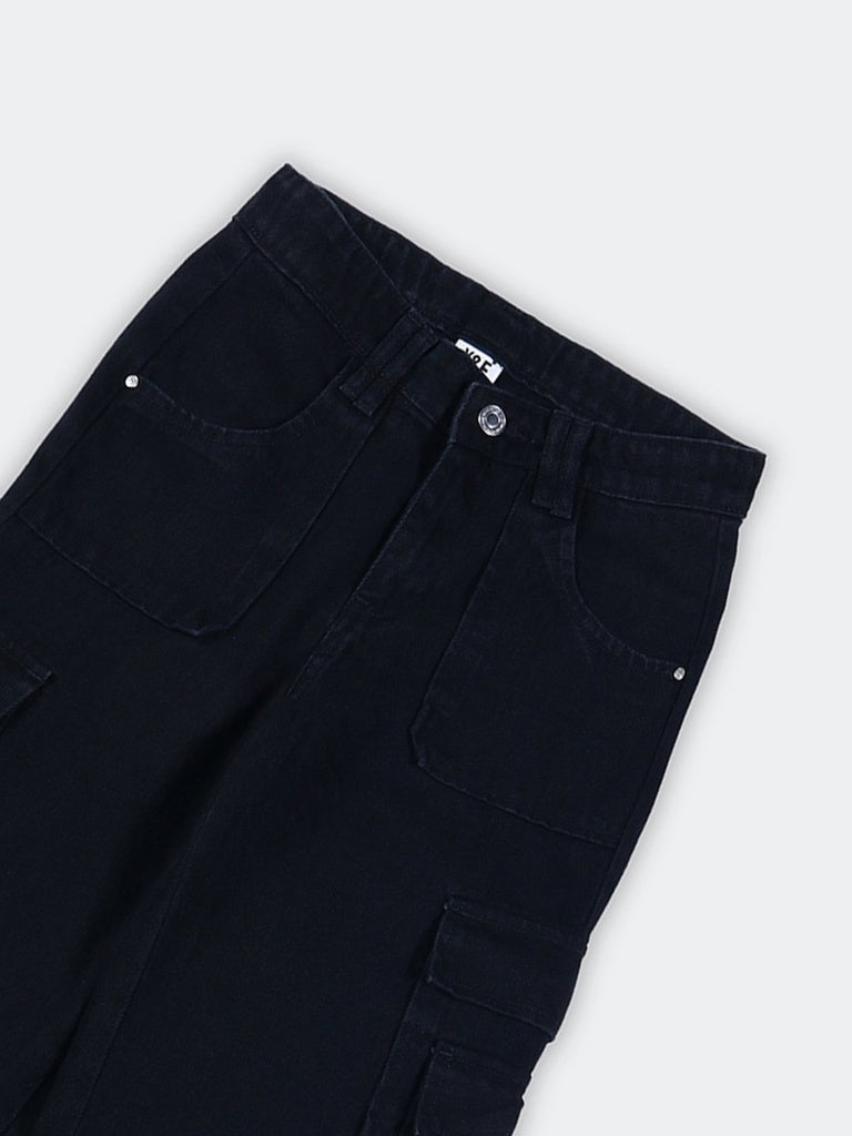 Girls Black Solid Wide-Leg Denim Jeans