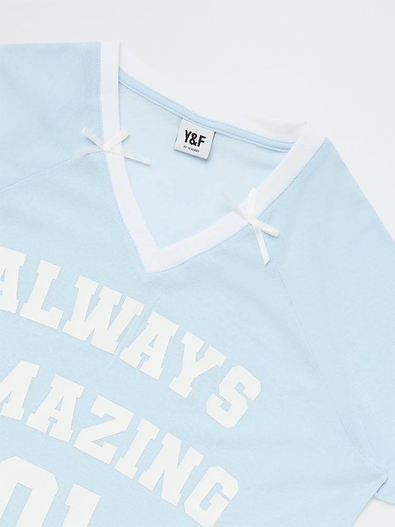Y&F Kids Girls Blue Text-Printed T-Shirt