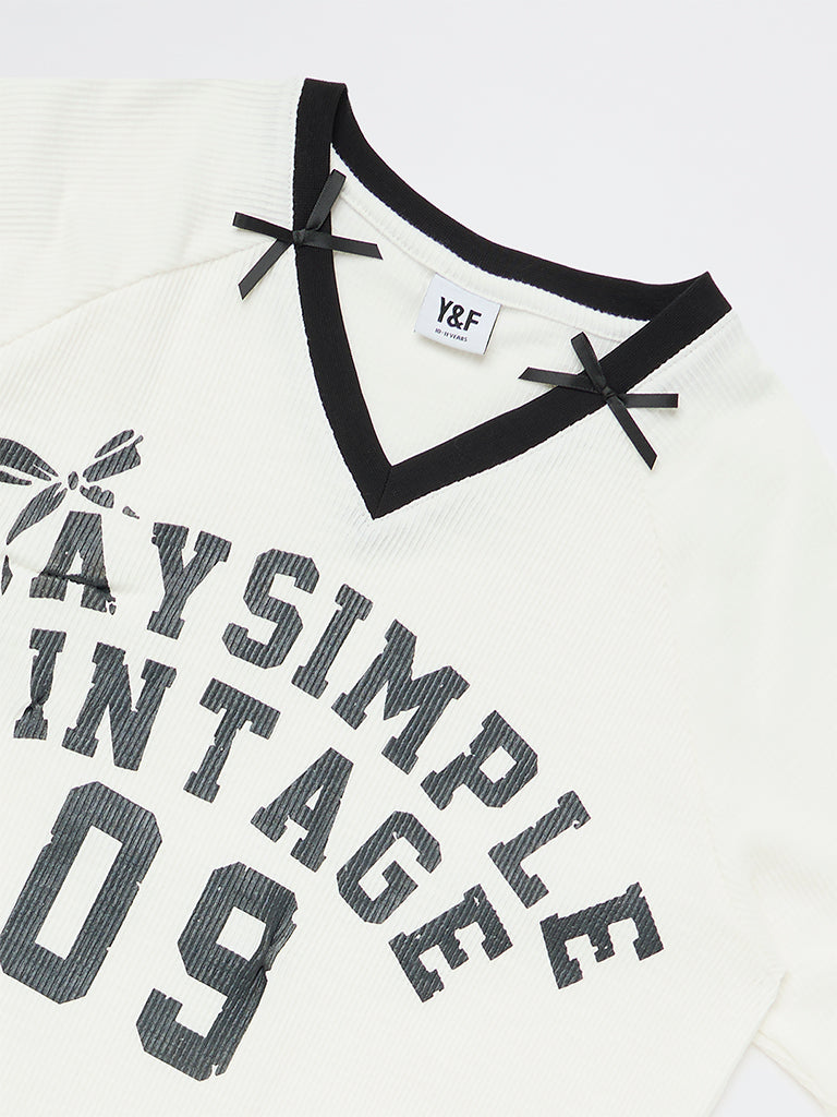 Y&F Kids Girls White Text-Printed T-Shirt
