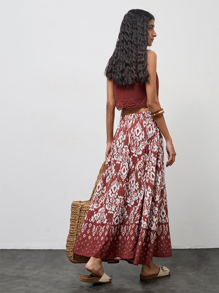 Bombay Paisley Rust Ikat Design High-Rise Cotton Skirt