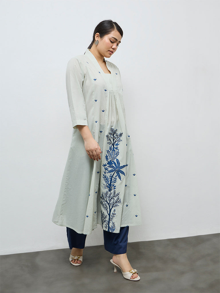 Buy Diza Mint Foliage Embroidered Cotton A-Line Kurta from Westside