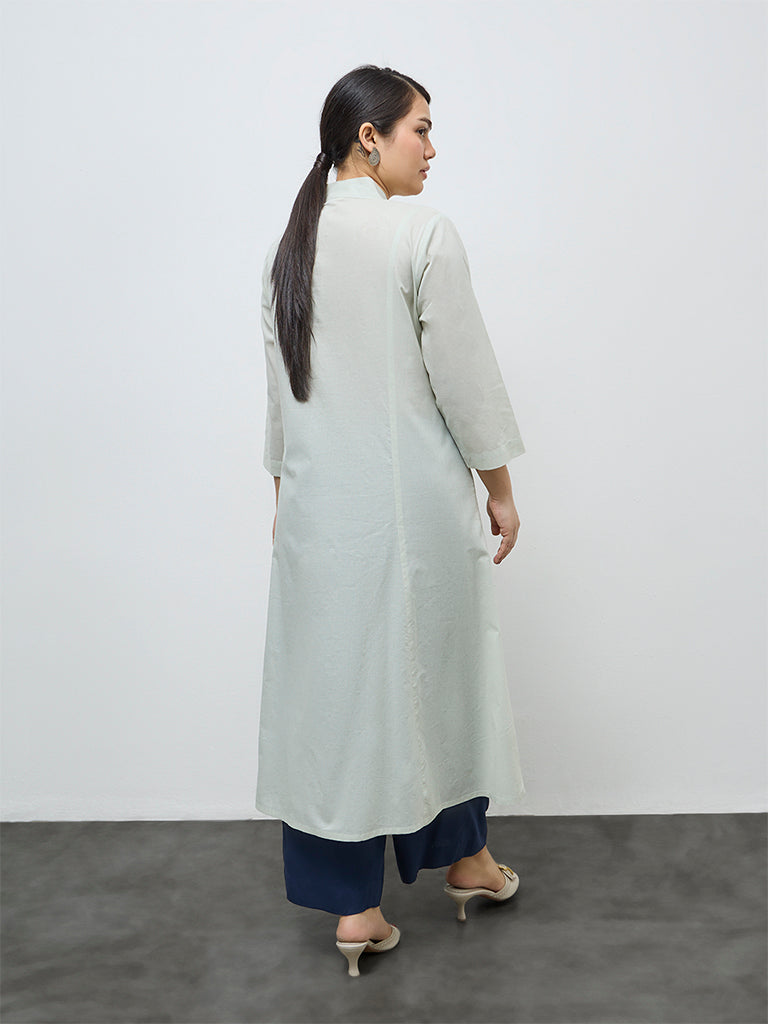 Diza Mint Foliage Embroidered Cotton A-Line Kurta