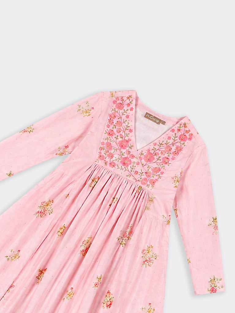 Utsa Pink Floral Printed Cotton Anarkali Kurta