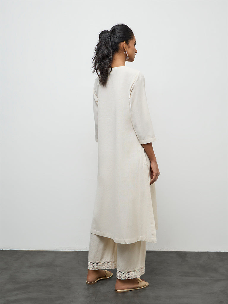 Utsa Off-White Floral Embroidered Cotton-Blend A-Line Kurta