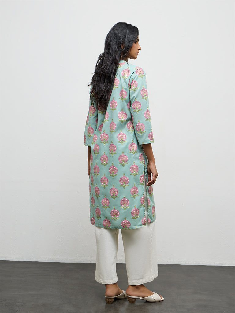 Utsa Blue Floral Printed Cotton Straight Kurta