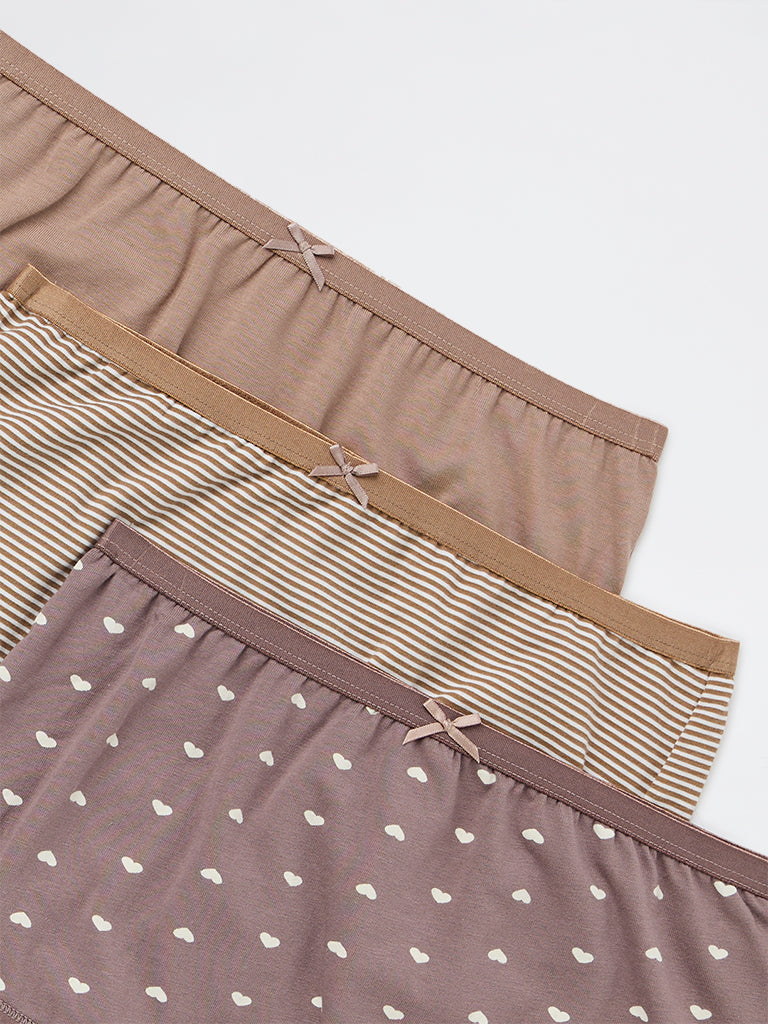 Wunderlove Beige Printed Cotton-Blend Full Briefs - Pack of 3