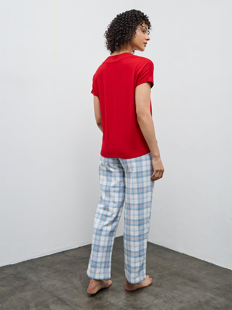 Wunderlove Light Blue Checkered High-Rise Cotton Pyjamas