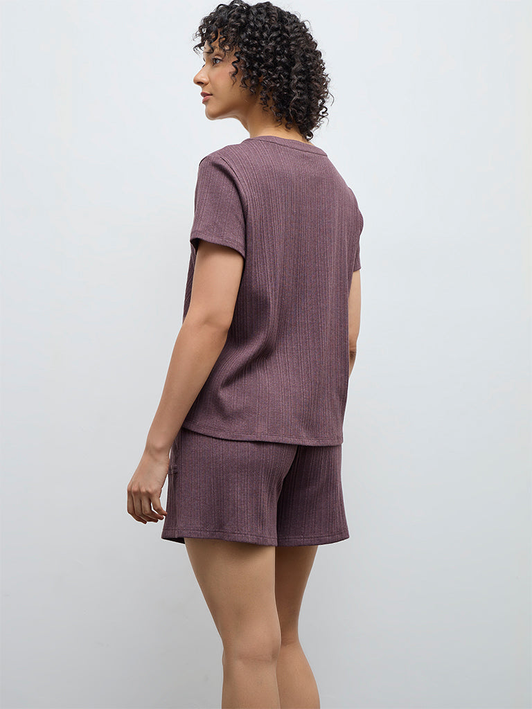 Wunderlove Dark Mauve Self-Striped High-Rise Shorts
