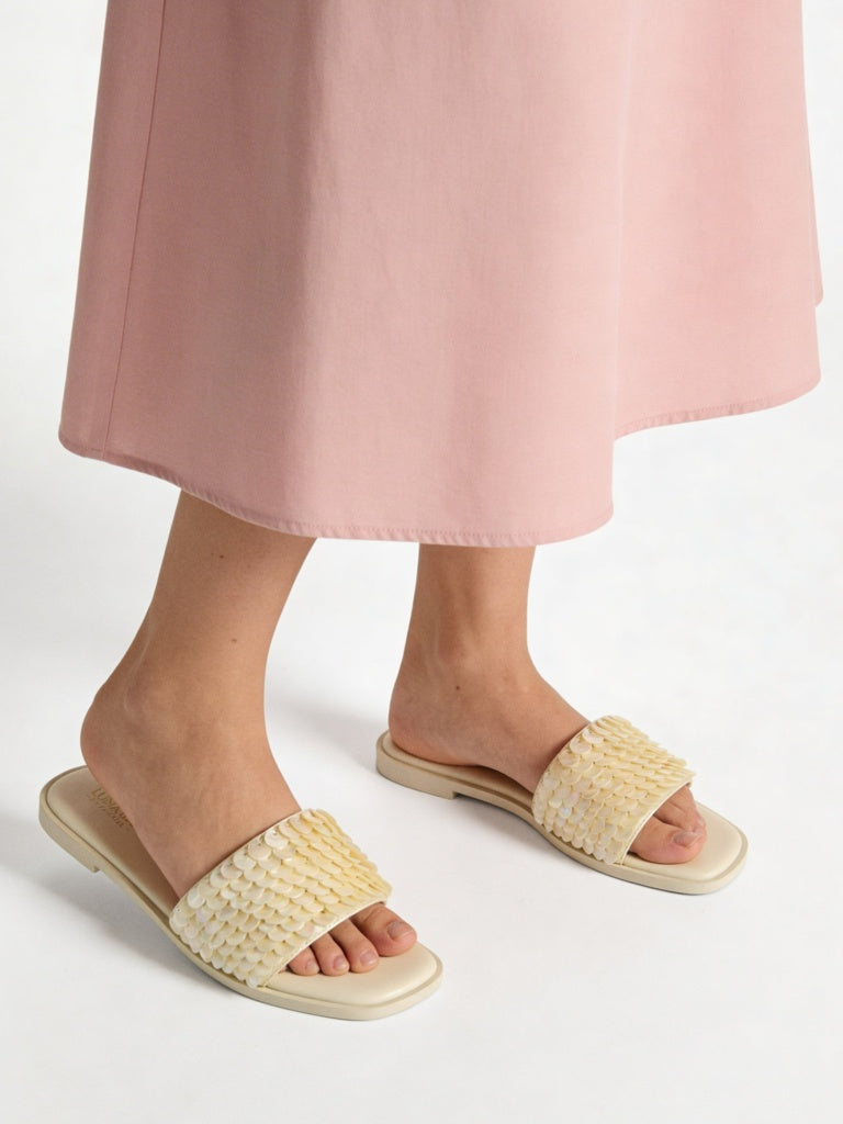 LUNA BLU Ivory Shell Embellished Slides