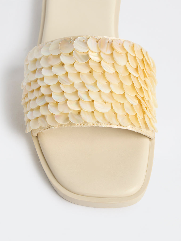LUNA BLU Ivory Shell Embellished Slides