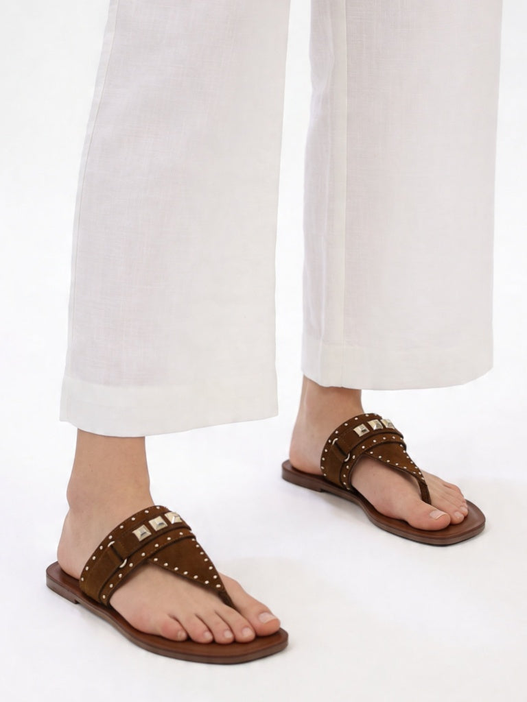 LUNA BLU Tan Embellished Thong-Strap Sandals