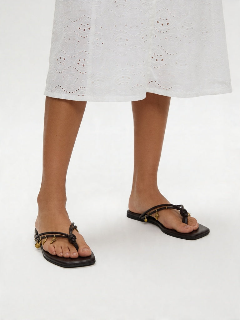 LUNA BLU Brown Gold Charm Embellished Flat Sandals