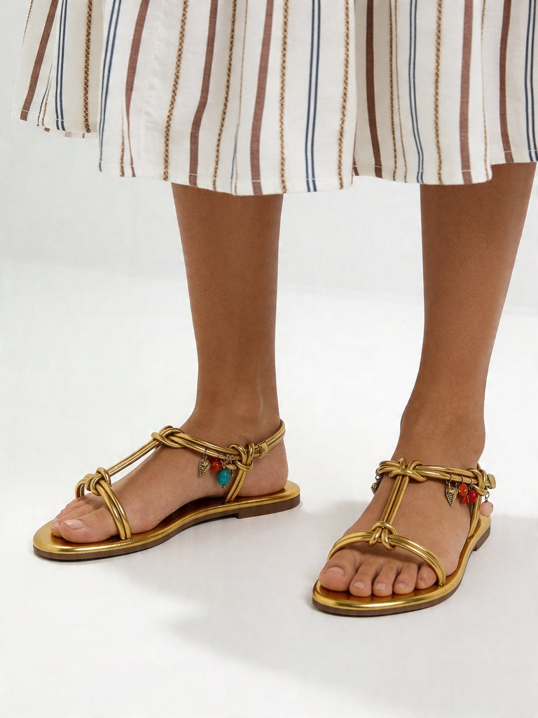 LUNA BLU Gold Multi Charm Metallic Slingback Sandals