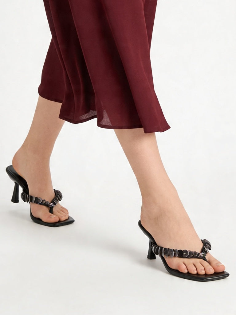 LUNA BLU Black Sequin-Detailed Thong-Strap Heel Sandals