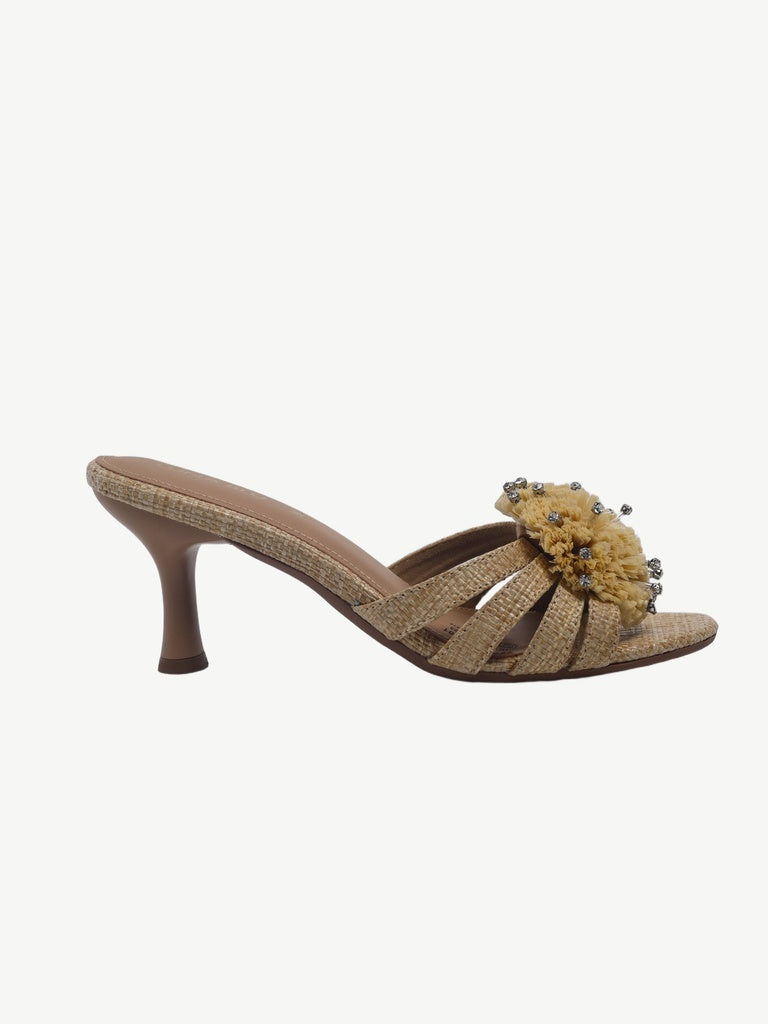 LUNA BLU Beige Raffia Flower Heel Sandals