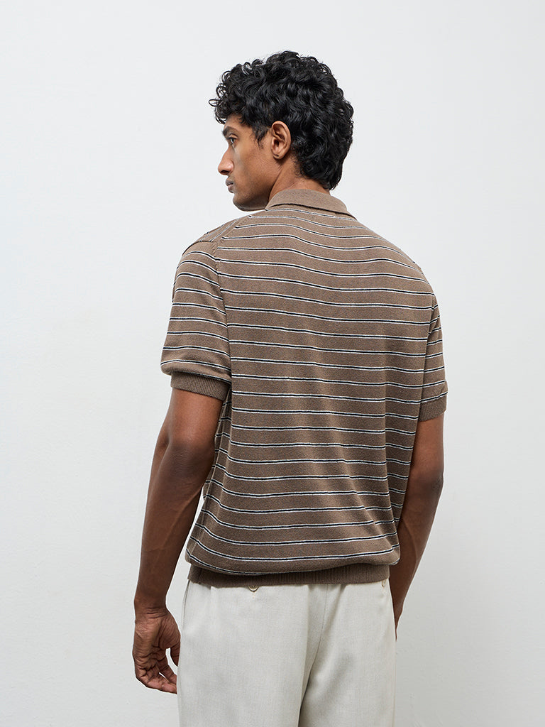 Ascot Brown Striped Relaxed-Fit Polo T-Shirt