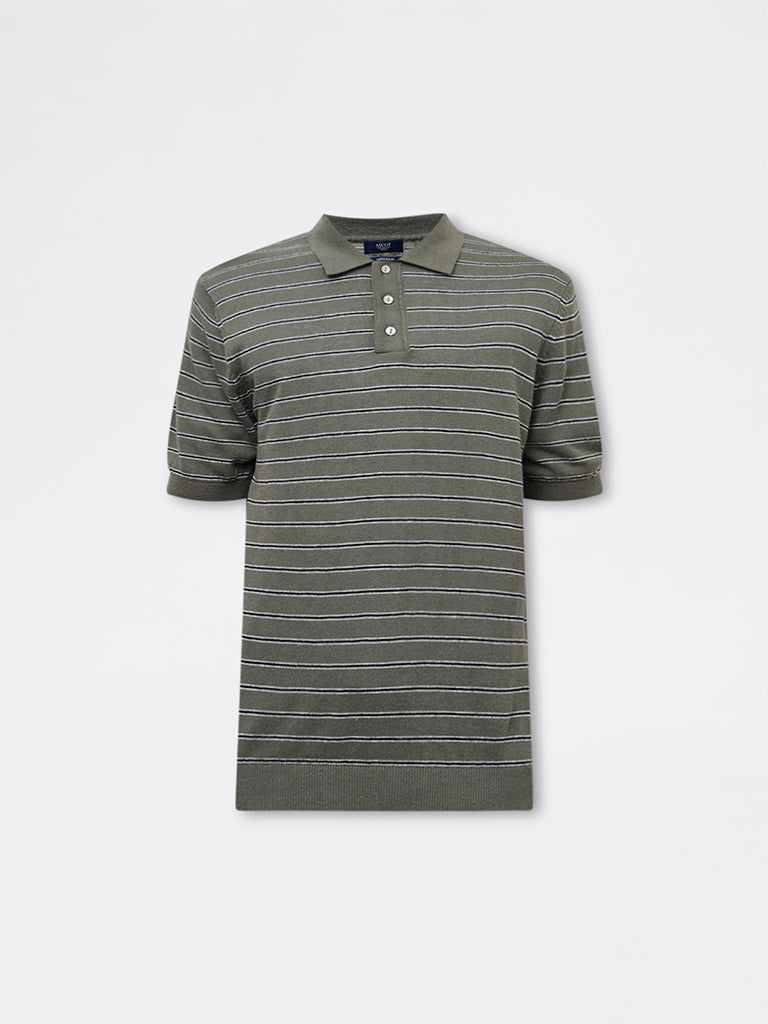 Ascot Olive Stripe Printed Relaxed-Fit Polo T-Shirt
