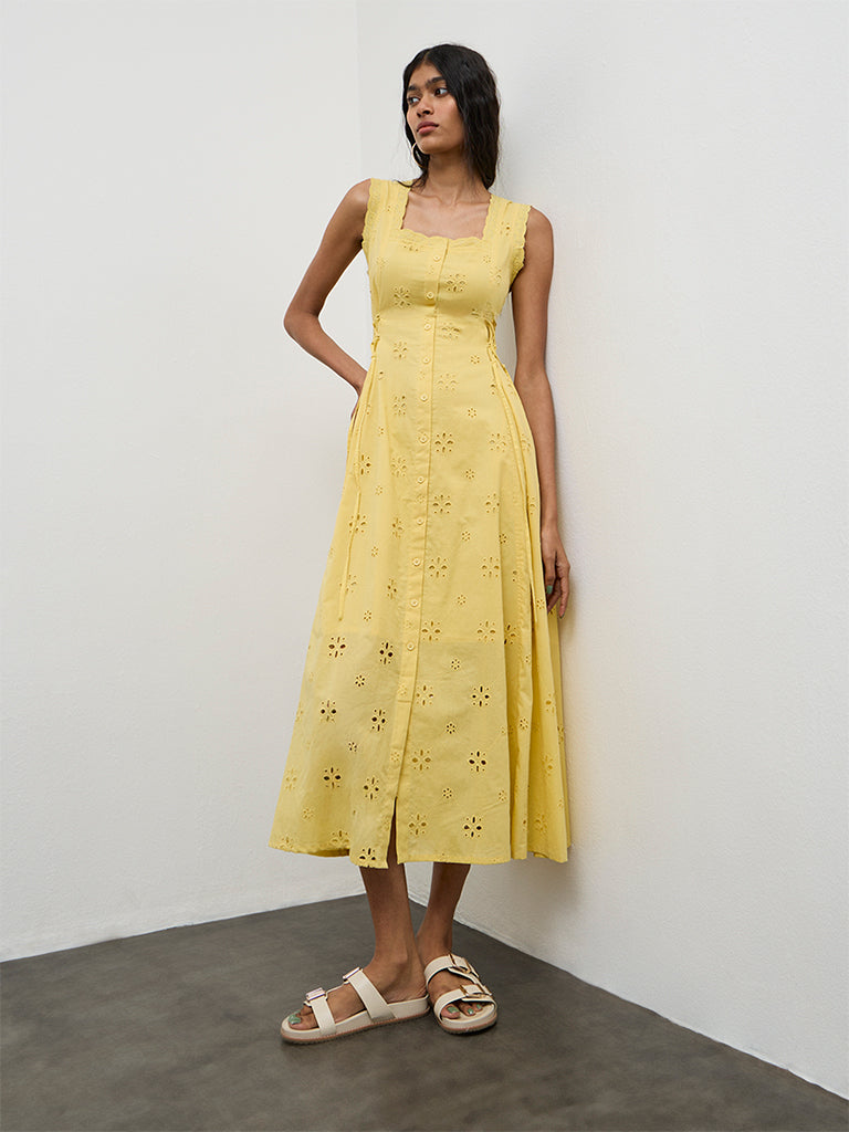 Buy Bombay Paisley Yellow Embroidered Cotton A-Line Dress from Westside