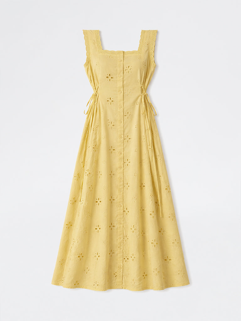 Bombay Paisley Yellow Embroidered Cotton A-Line Dress