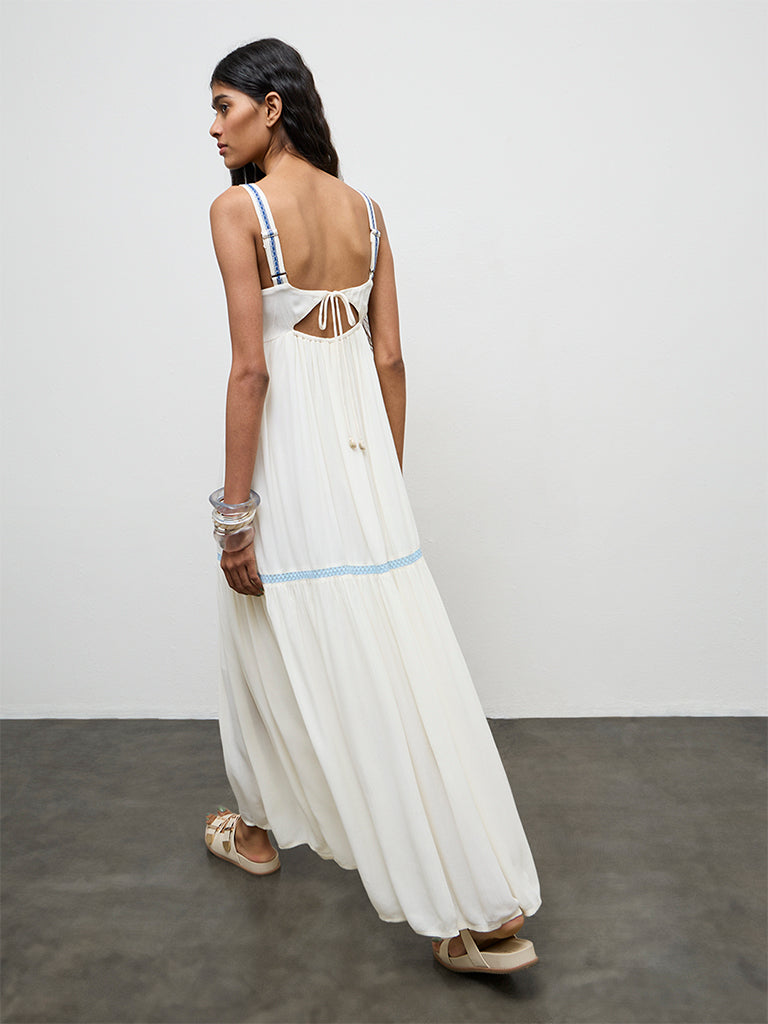 Bombay Paisley Off-White Embroidered Cotton-Blend A-Line Dress